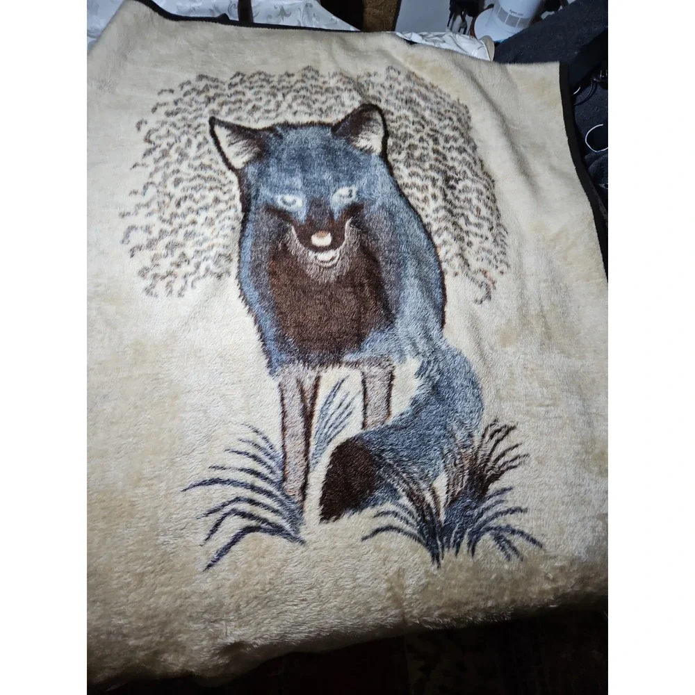 Fuzzy Plush Fox Blanket Reversible Fleece Safari Weavers Woodlands 60x50 Vintage
